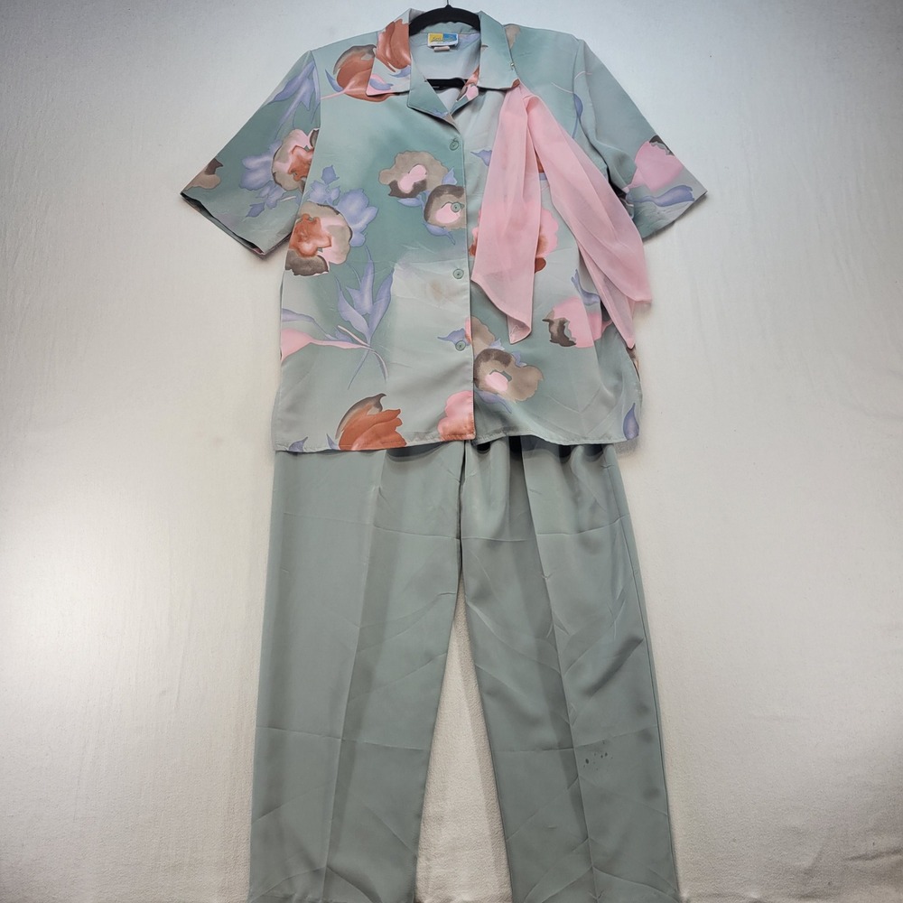 SeaSuns Vintage Set Women Medium Green Floral Short Sleeve Eclectic Grandma